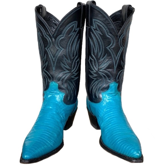 SOLD JUSTIN BOOTS Vintage Turquoise Black Cowboy Boots Cowgirl Western Womens 8 - Picture 2 of 7